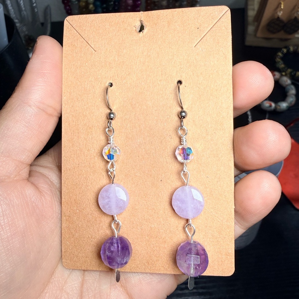 Amethyst & Purple Quartz Earrings with Swarovski Crystal Accent - Picture 2 of 4
